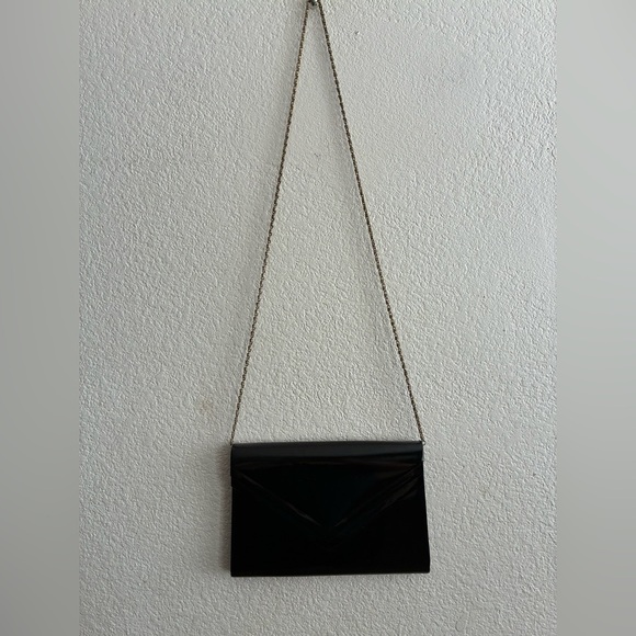 Vintage Patent Leather Envelope Clutch Cross Body Gold Chain Strap Black - Picture 3 of 8